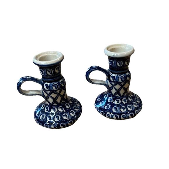 Candlestick Pair Candle Holder Chamber-stick Blue Finger Ring Polish Pottery? - Picture 2 of 7